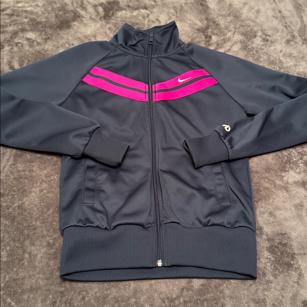 Vintage Nike Track Jacket, Navy Blue, Pink, Retro, Running, Pockets, Size S